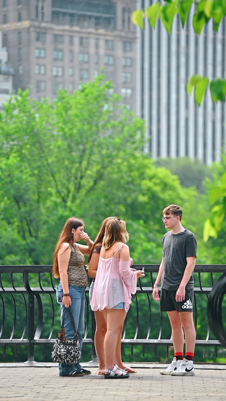 New York, USA, 28 July 2025: Friends have fun in Central Park. Groups of friends gather in Central Park, enjoying a sunny afternoon with laughter and conversation among the greenery