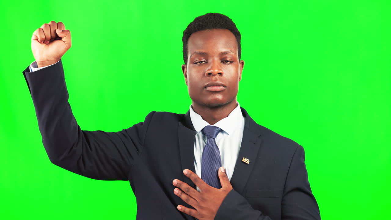 Black man, protest and fist portrait on green