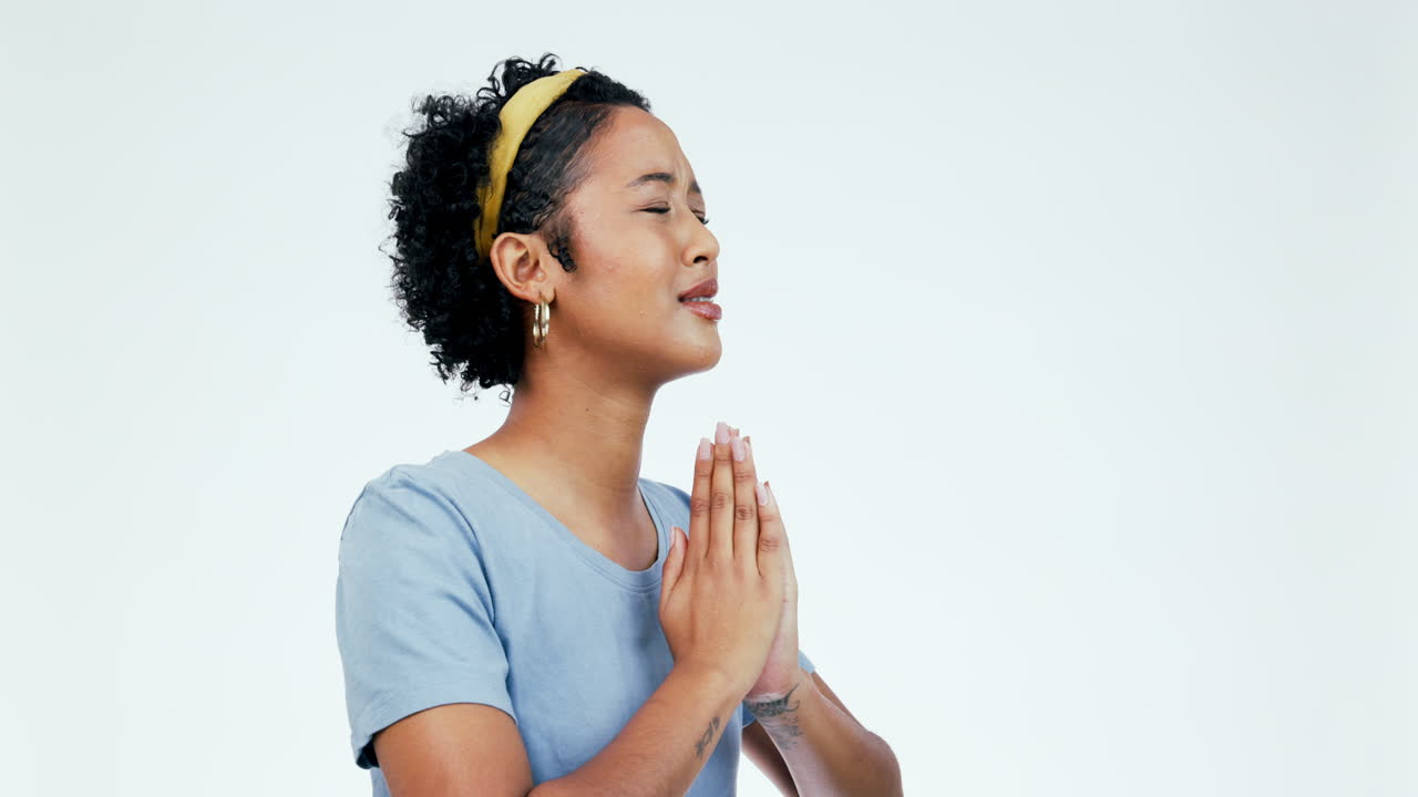 Help, hands and praying by woman in studio