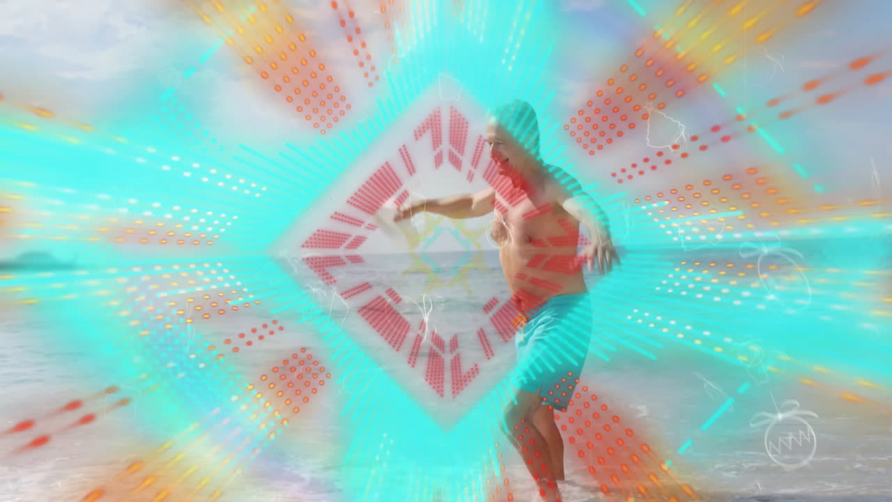 At beach, man with colorful geometric animation overlay, relaxing in sun