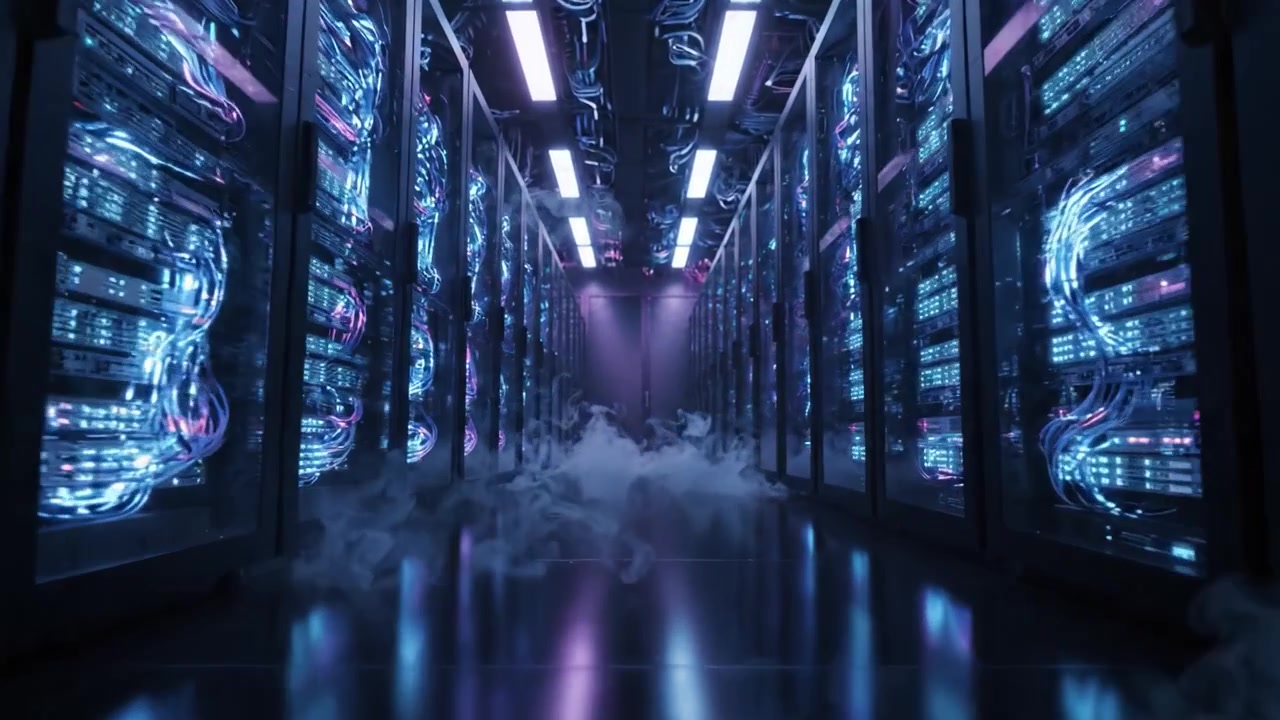 Et højteknologisk datacenter oplyst med blå og lyserøde LED'er, der viser rækker af servere midt i let røg for en fængslende visuel oplevelse.