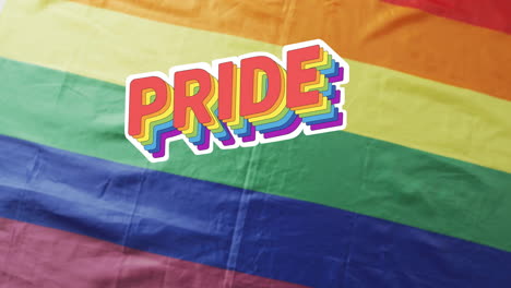 pride text animation over rainbow flag background, celebrating lgbtq+ community