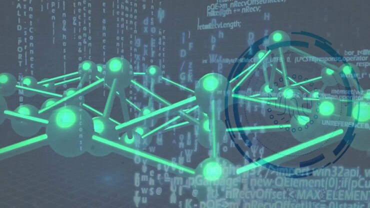 Struttura molecolare digitale con scanner di impronte digitali e sovrapposizione di codice dati