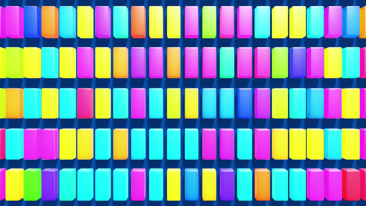 4k에서 다채로운 큐브와 함께 3d 추상적인 간단한 기하학적 배경, 부드러운 루프 애니메이션, 평면에 네온 빛으로 무작위 큐브가 박이는, 3d 객체와 함께 창의적인 간단한 모션 디자인 배경