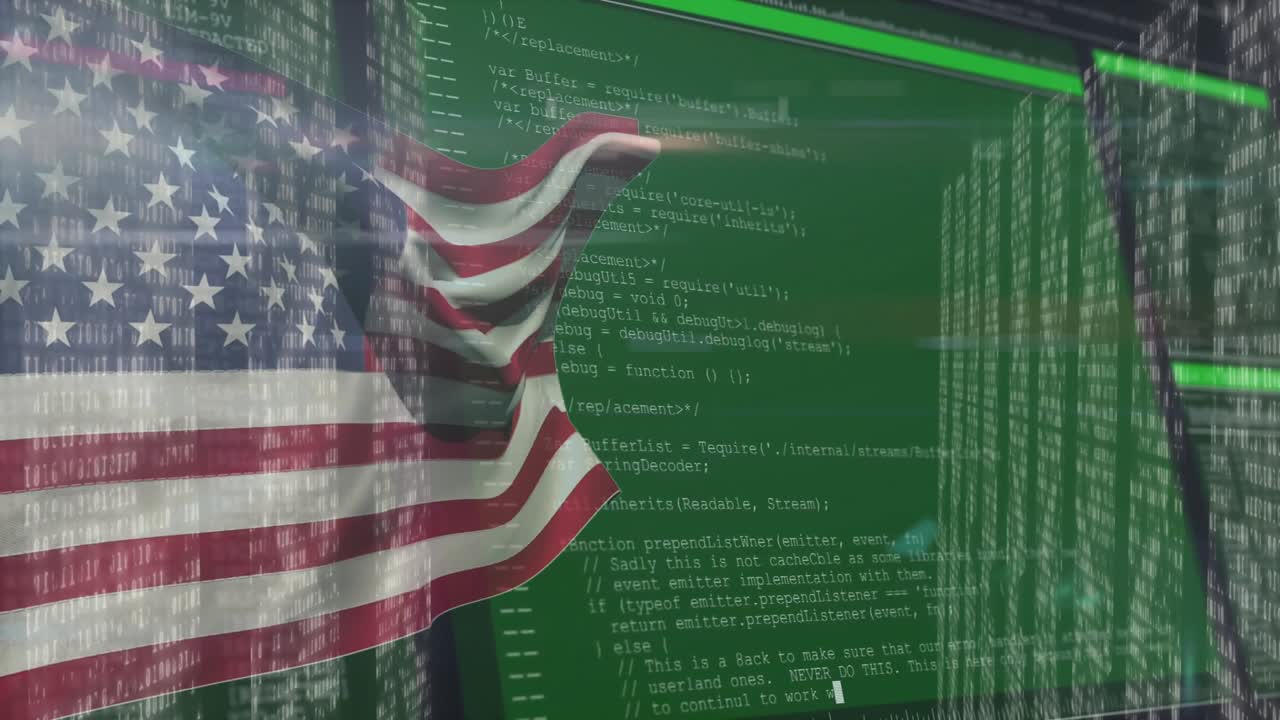 Animeret illustration, der viser et falmet amerikansk flag, der vajer over strømmende kode og binære data.