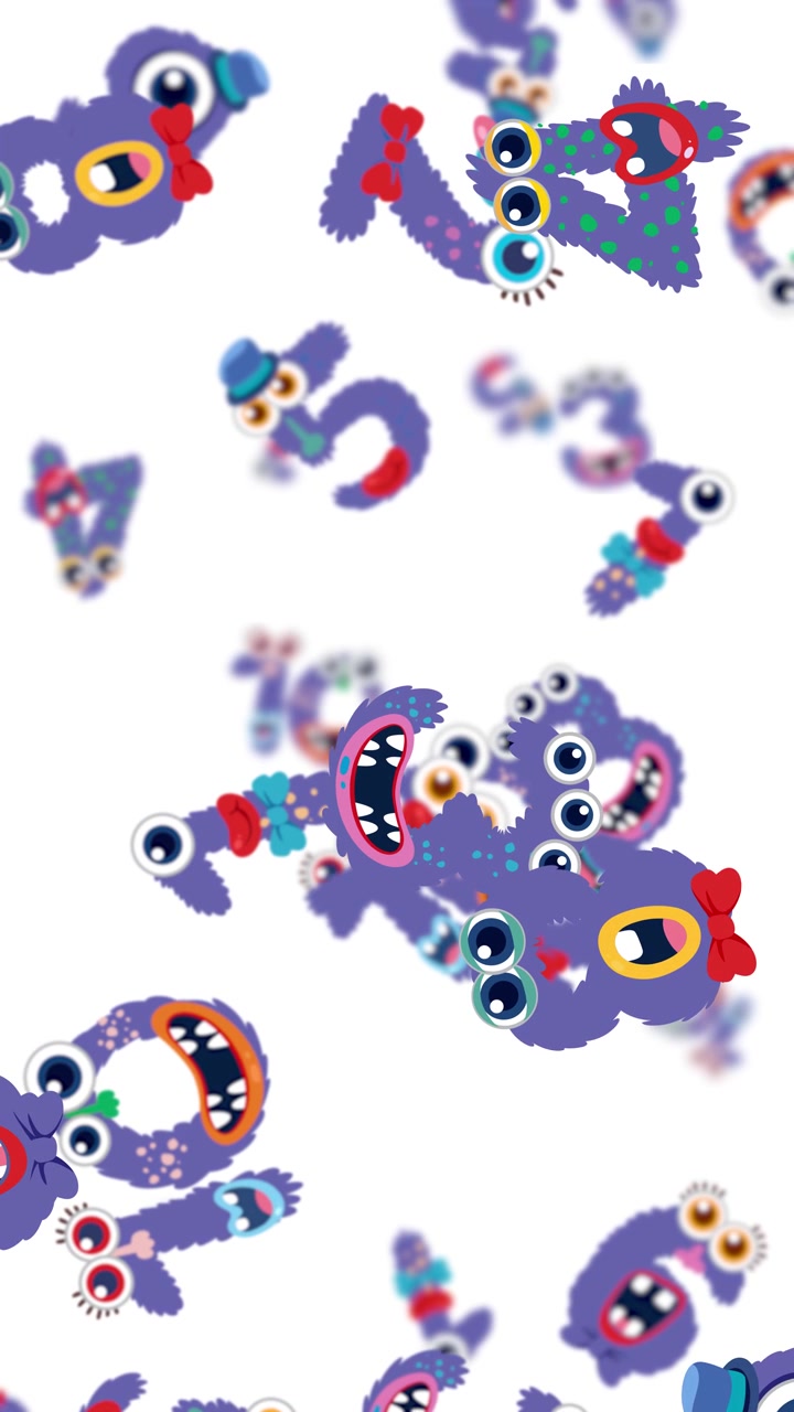 Colorful cartoon monsters tumble playfully across a white background, creating a lively and dynamic animation