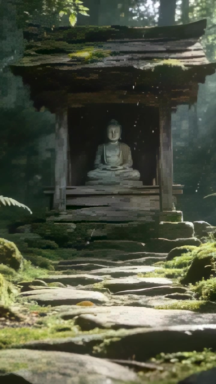 Vertikal video: Kameraet bevæger sig og viser mosbegroet helligdom og siddende Buddha i tempel med drivende lys.