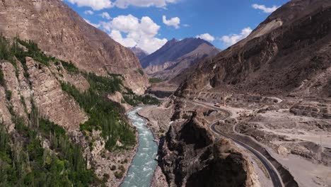 beautiful aerial view of pakistan's hunza valley, featuring karakoram mountains, the karakoram highway, and hunza river on typical summer day