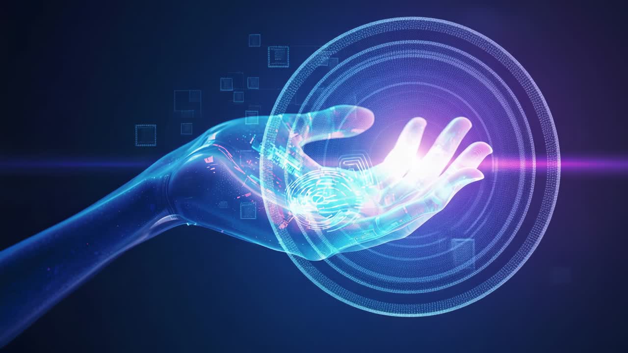 Appearing holographic hand with fingerprint projecting orb expanding rings, data panels in blue