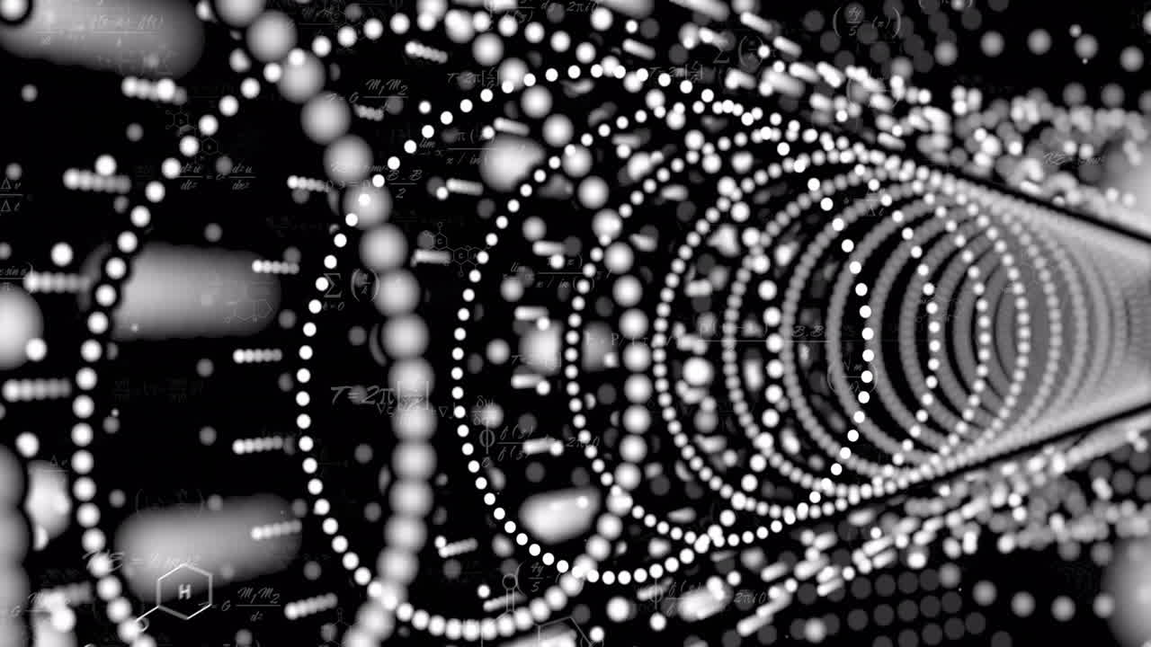 Animation of spiraling white dots forming tunnel-like structure in abstract design