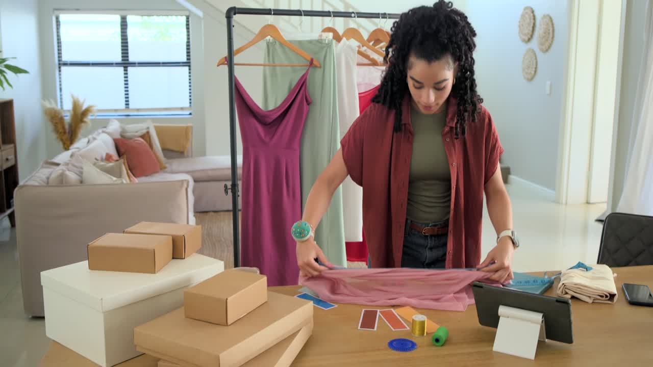 Donna che prende un metro a nastro blu, misura una sciarpa rosa nello studio di casa, preparando gli ordini