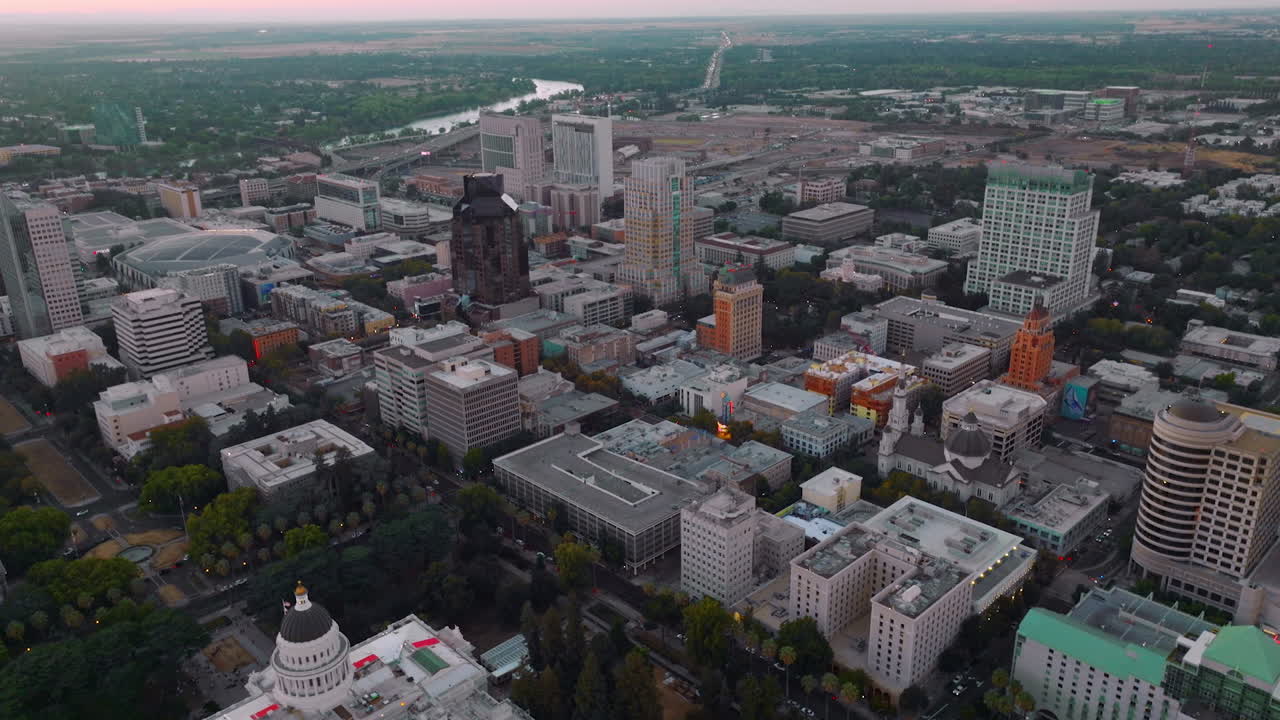 Downtown of beautiful Sacramento, California, United States. Modern urban architecture from aerial view in the evening.