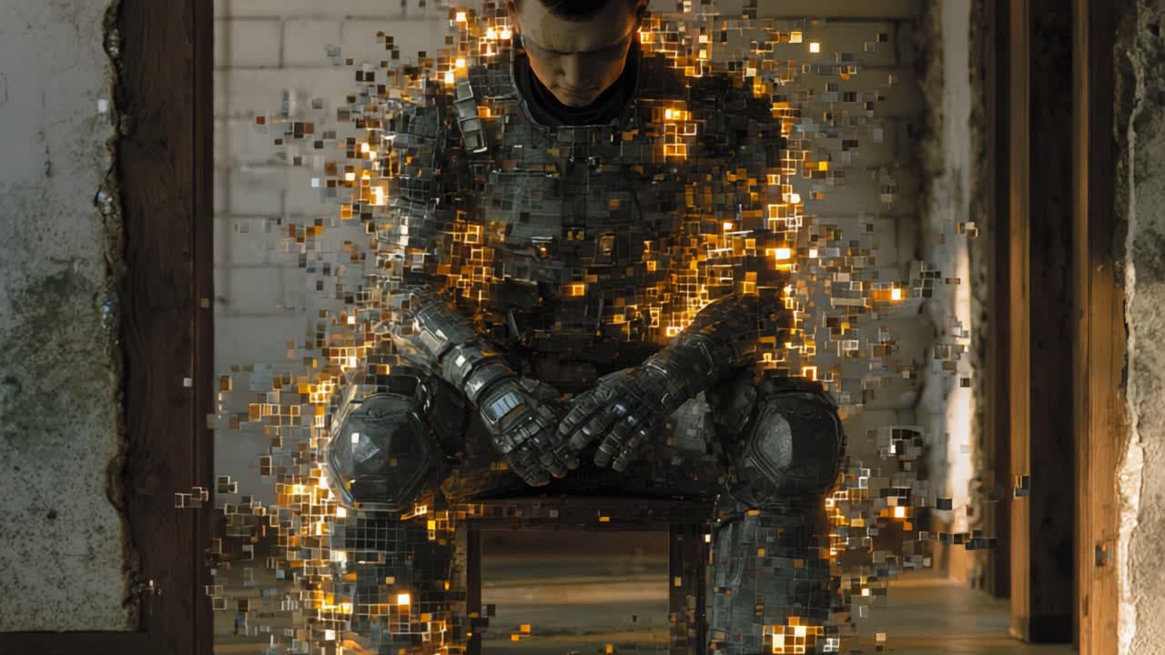 A powerful visual portrayal of a cyborg reflecting amidst a digital disintegration, showcasing the fusion of technology and human emotion in a striking narrative of transformation and self-discovery