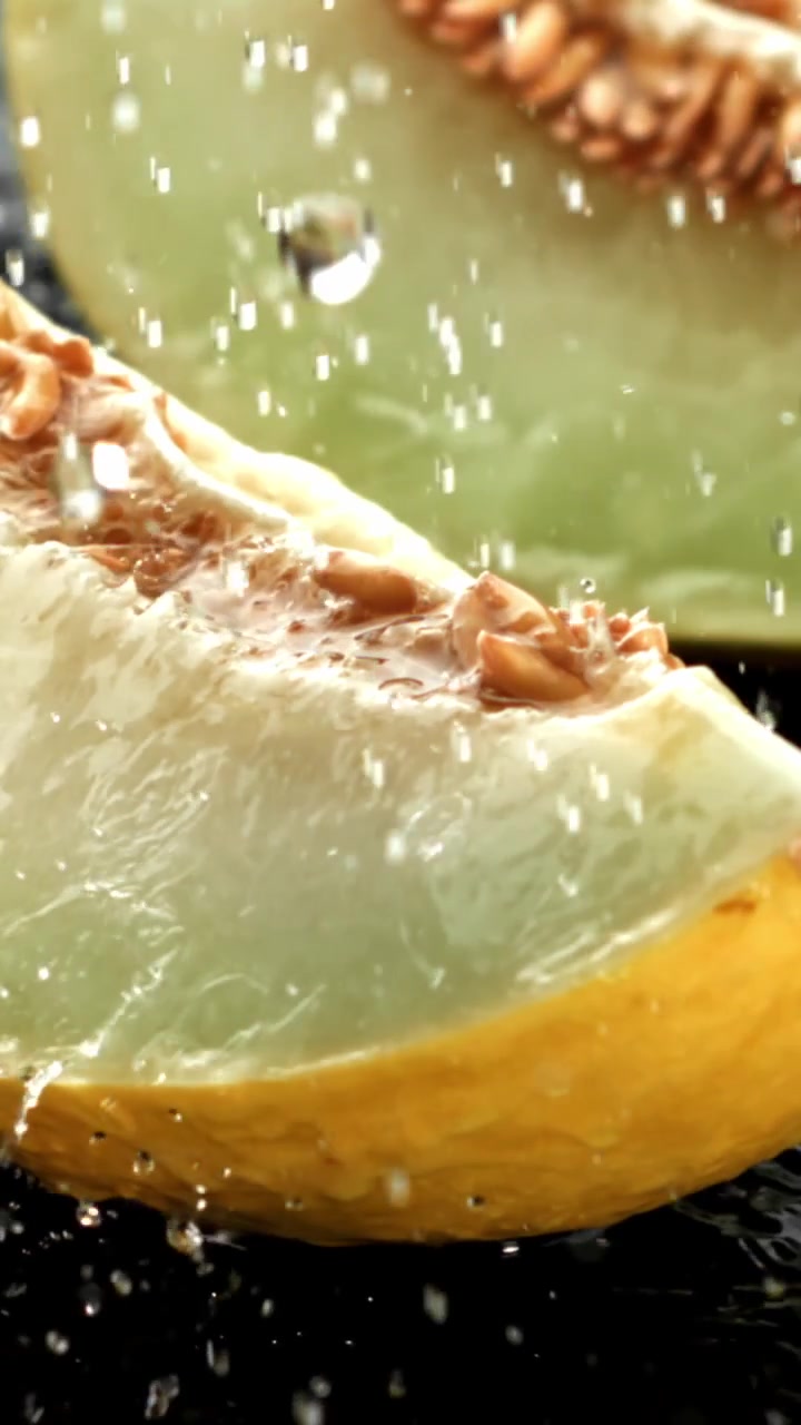 Refreshing Water Splashes on Sliced Melon Fruit