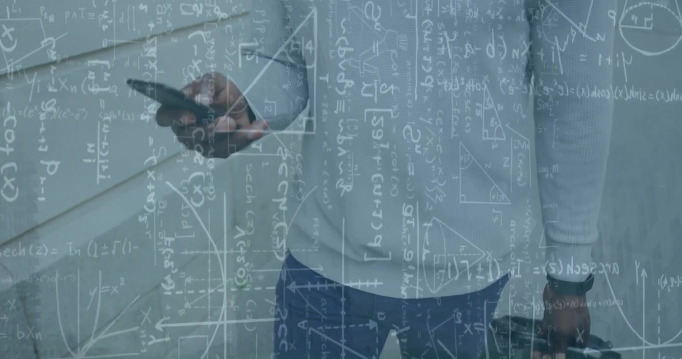 Man Walking Outdoors Using Smartphone with Mathematical Formulas Overlay