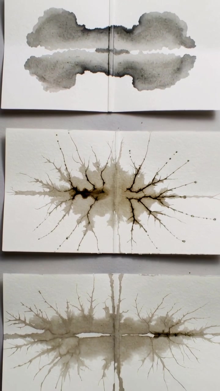 Vertical video: Droplet spreading along fibers creating branching stains across three folded sheets