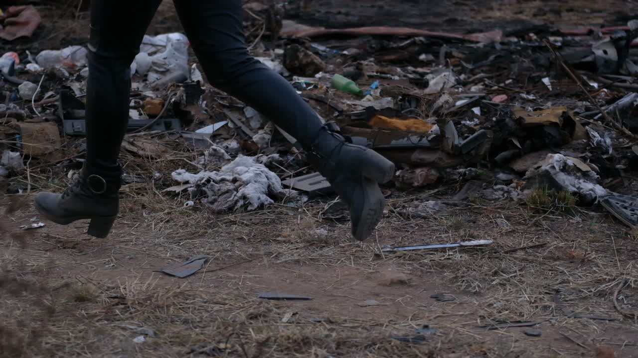 primer plano de dos niñas corriendo a través de la basura en un vertedero