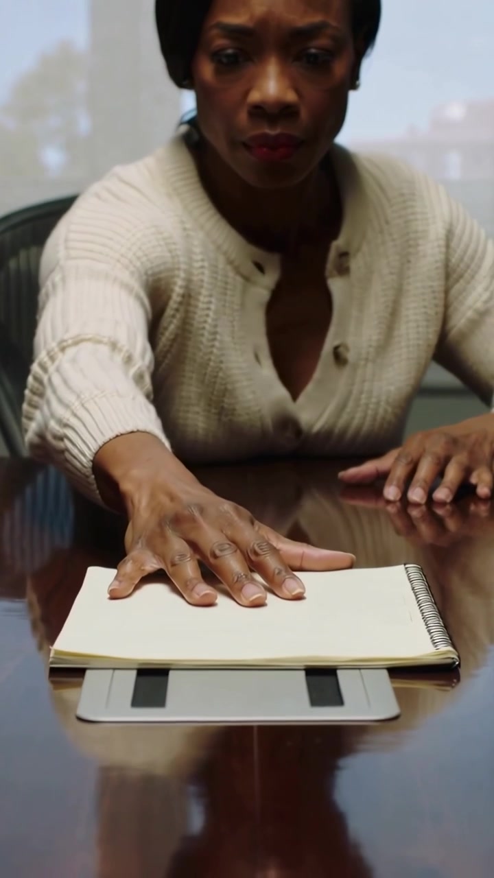 Vertical video: Seeing panel, woman in cream knit sliding spiral pad on office table