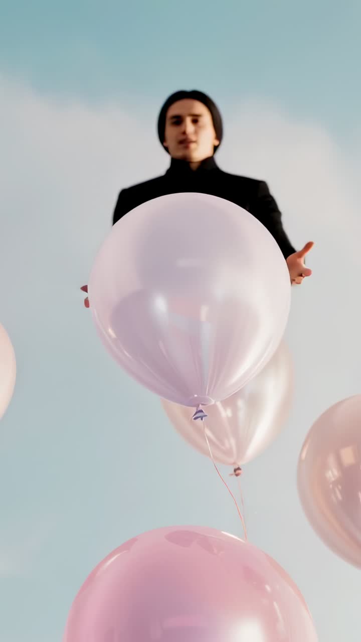Vertical video: Opening shot showing metallic balloons in sky man extending arms holding strings