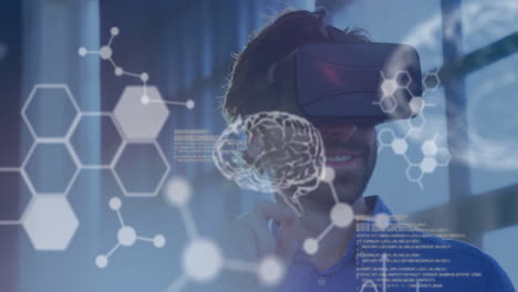 datos científicos con un hombre que lleva auriculares vr en un fondo de 4k