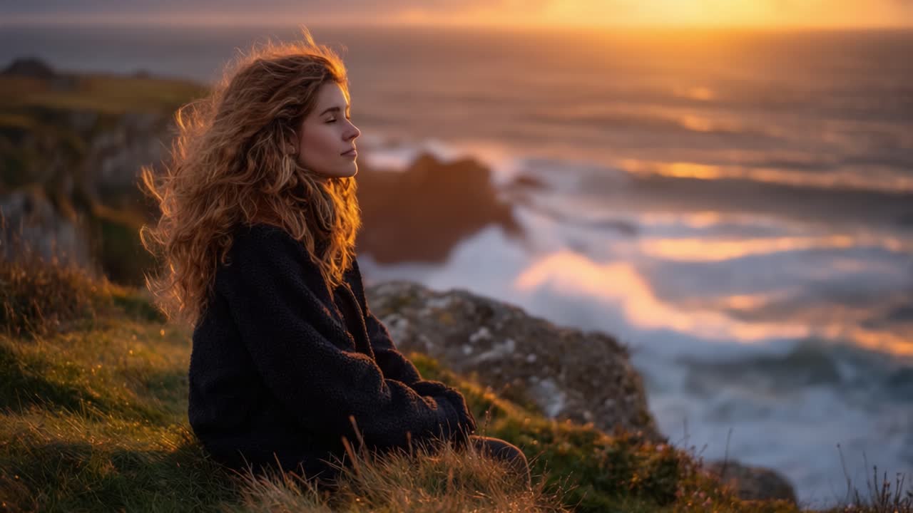 Contemplating the Sunset: A Woman on a Rocky Coastline Reflects Amidst the Waves and Twilight Glow of Nature's Beauty