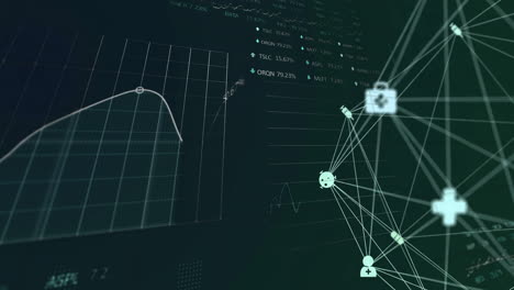animación del procesamiento de datos y diagramas sobre iconos de medios