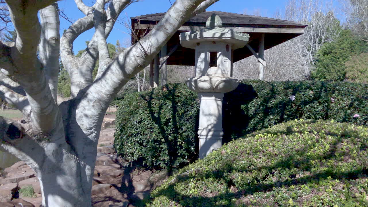 ju raku en japanese garden, toowoomba australia의 정원에서 일본 랜턴에 틸트 샷