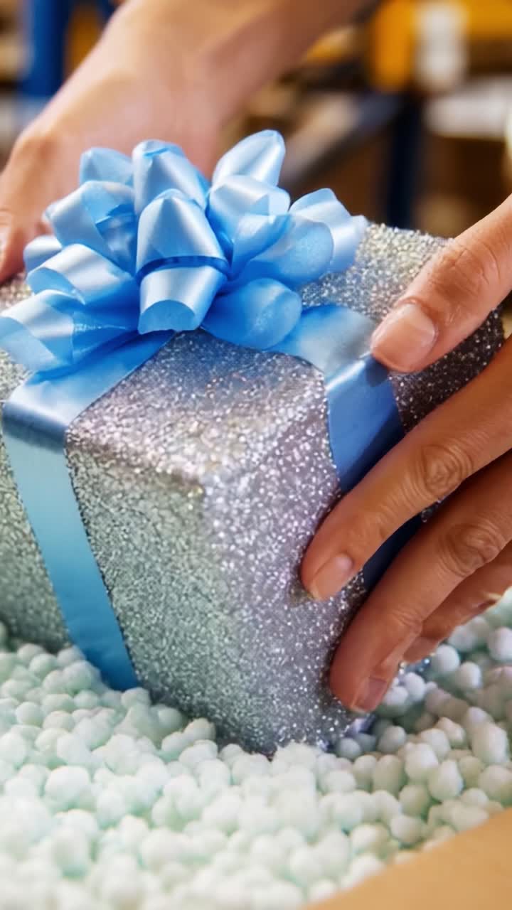 An Exquisite Gift Wrapped in Silver and Blue, Perfectly Tied with a Charming Bow and Surrounded by Soft Packing Material, Ready for Presentation in a Joyful Setting