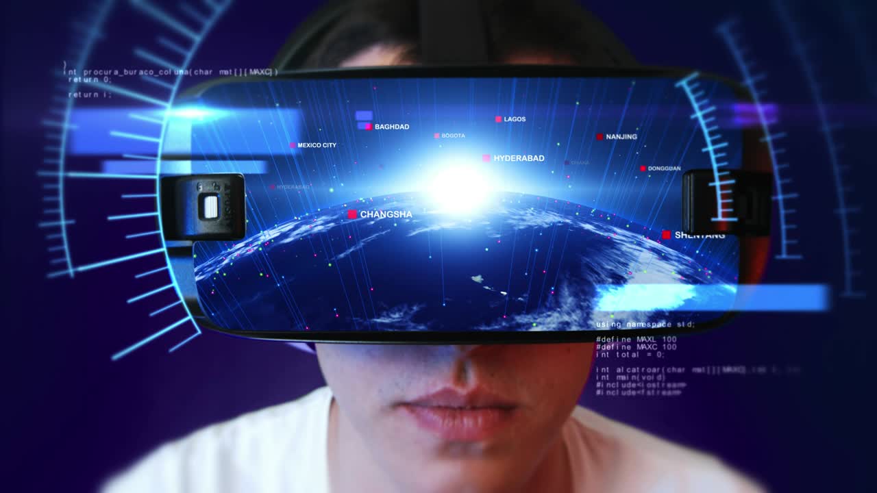 Young man wearing VR headset and experiencing virtual reality. Seamless Loop.