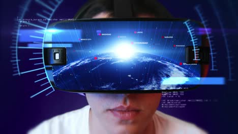 young man wearing vr headset and experiencing virtual reality. seamless loop.
