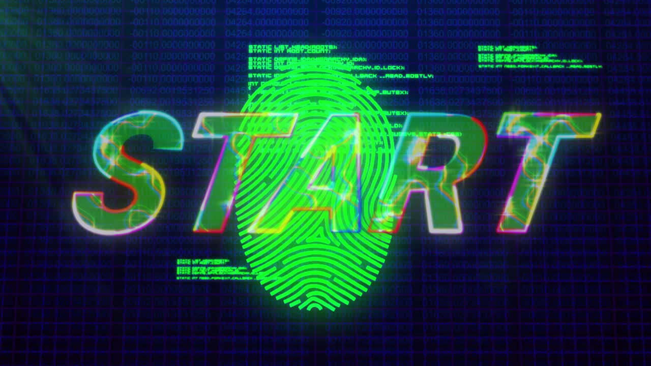 Animation of start text over fingerprint and data processing on black background