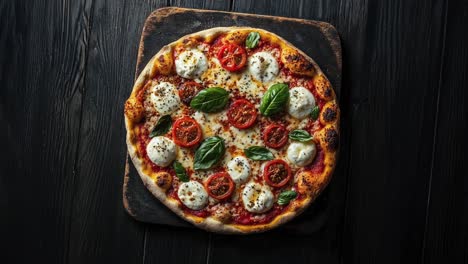 close-up of a delicious pizza with mozzarella, tomatoes and basil