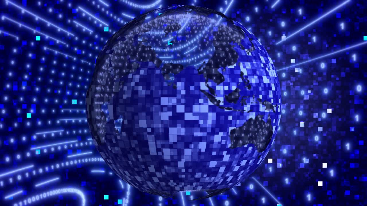 회전하는 행성 지구와 함께 네온 디지털 이진 배경. 네트워크, 디지털 이벤트에 대한 원활한 루프 4k 애니메이션