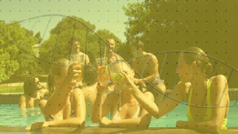 dna strand animation over people enjoying drinks by swimming pool