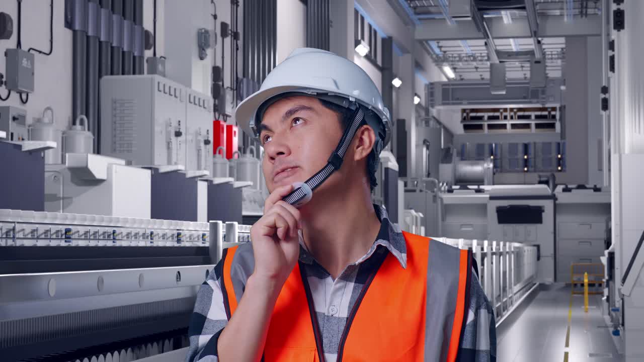 Close Up Of Asian Male Engineer With Safety Helmet Thinking About Something And Looking Around While Standing At Pharmaceutical Factory, Vaccine Production Facility