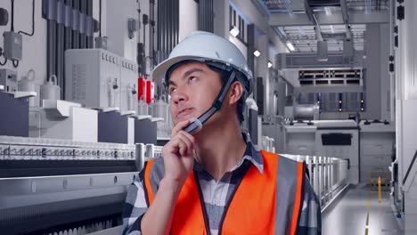 close up of asian male engineer with safety helmet thinking about something and looking around while standing at pharmaceutical factory, vaccine production facility