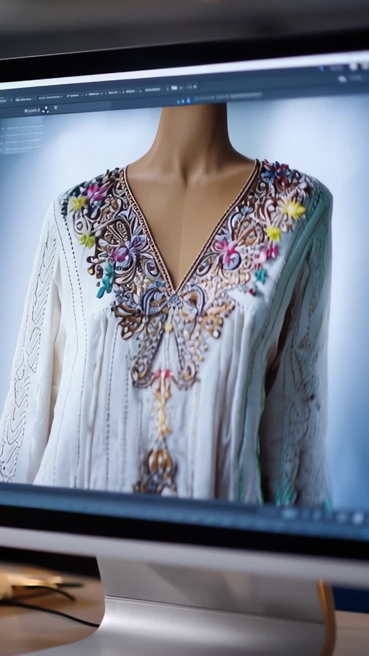 DetailedDigitalShowcase of an ElegantlyEmbroidered Garment on a Computer Monitor with HighResolution and VibrantColors Capturing IntricateDesigns