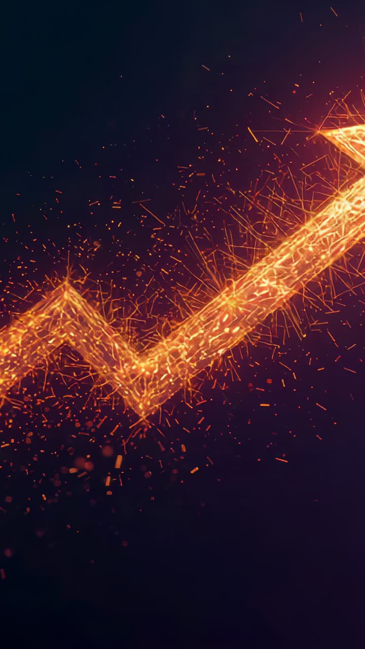 Vertical video: Sparking glowing zigzag arrow moving on dark navy backdrop, signaling growth