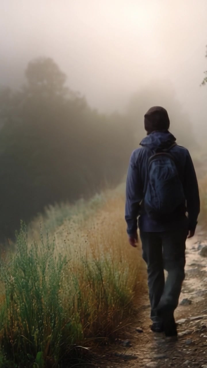 Una figura solitaria che cammina lungo un sentiero nebbioso circondato da vegetazione e nebbia, che incarna tranquillità e avventura nel sereno paesaggio naturale.