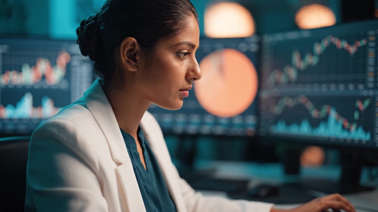 Focused Analyst Analyzing Financial Data on Multiple Monitors in a Dimly Lit Office, Engaged in Market Research and Insights Gathering Process