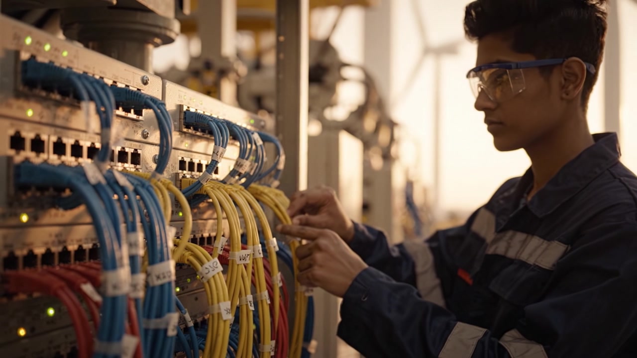 Young technician examines electrical connections in an industrial setting, working with vibrant cables and intricate hardware under soft lighting conditions.