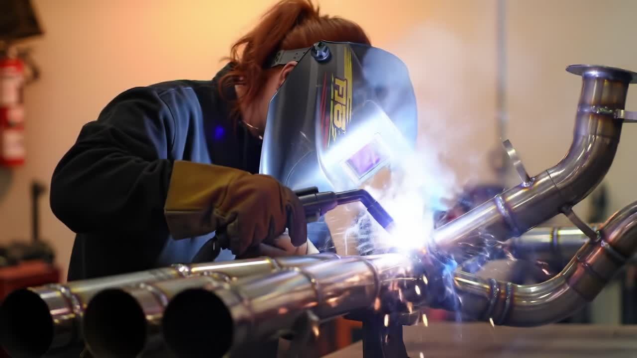 Woman Welder Working on Exhaust System