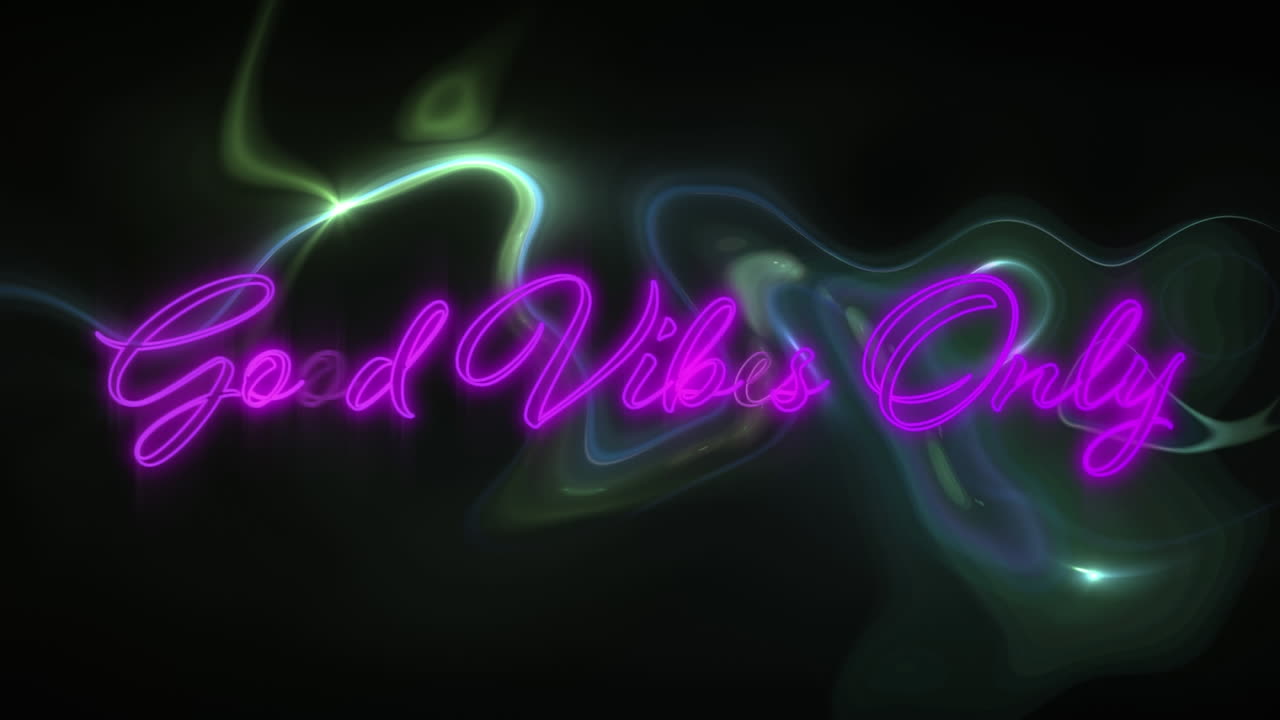 Good vibes only sign in purple neon on swirling light trails