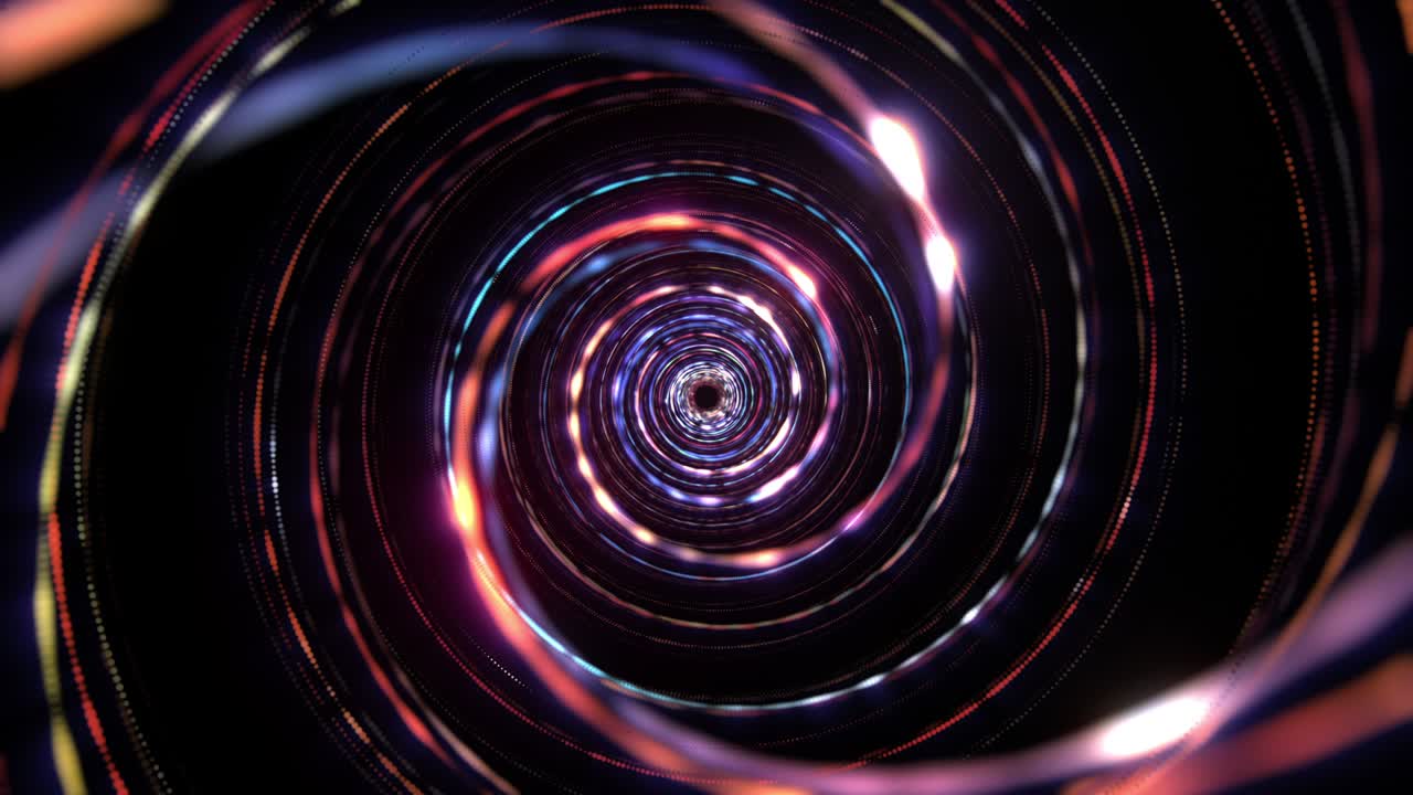 Abstract technology background with glittering and glowing neon light vortex motion cyber space. Swirl pattern tunnel texture for futuristic digital network communication concept. 4K 3D Seamless loop.