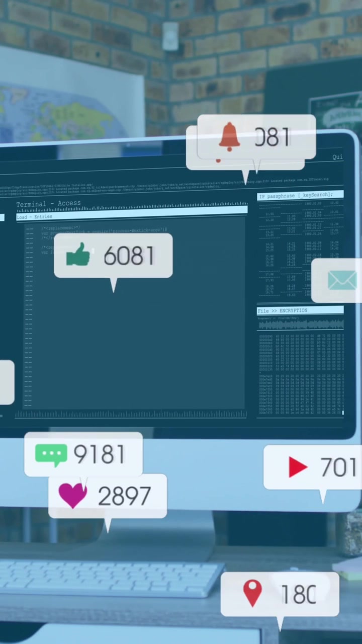 Animation of multiple notification bars over programming language on computer in office