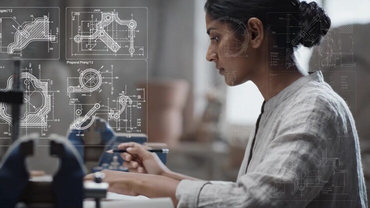 A focused artist meticulously drawing detailed designs for a project, showcasing dedication, creativity, and precision in a serene workspace filled with sculptural elements.
