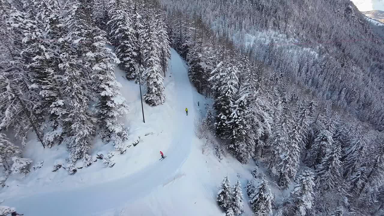 Stunning aerial footage of skiers navigating a winding snow-covered trail through a dense, snowy forest in the Swiss Alps region