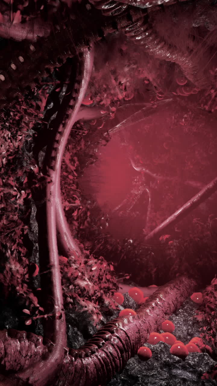 una cueva roja oscura con raíces brillantes