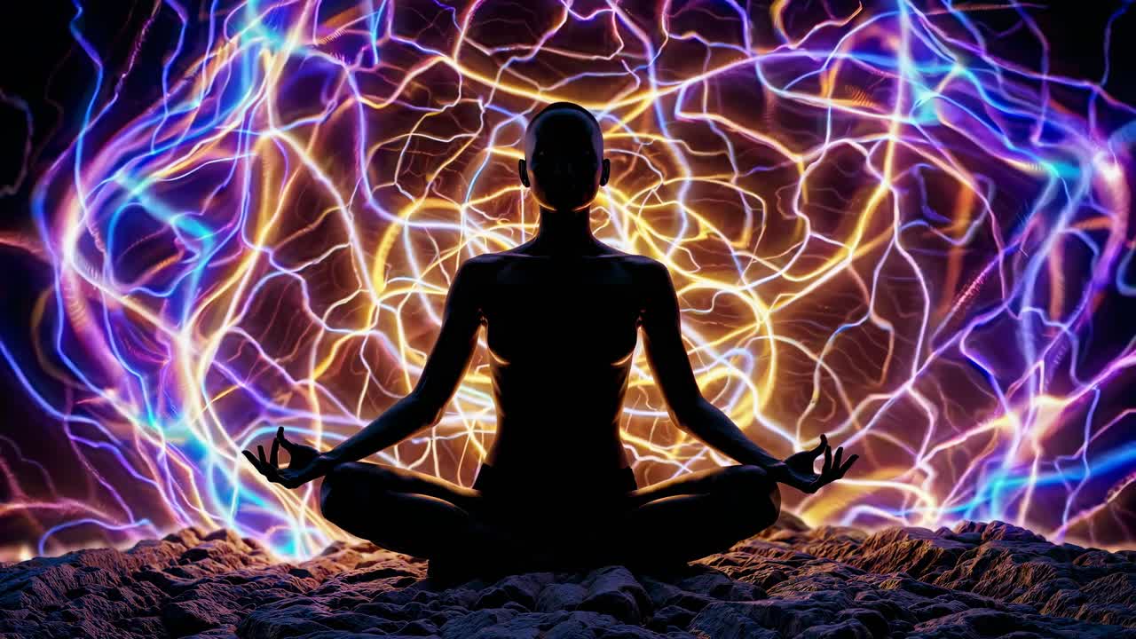 Silhouette di persona in meditazione con campo energetico luminoso