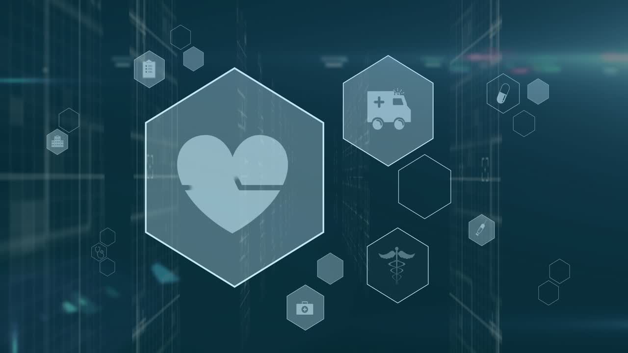 On load, heart hexagon pulsing while small medical hexagons fading and aligning, showing data flow